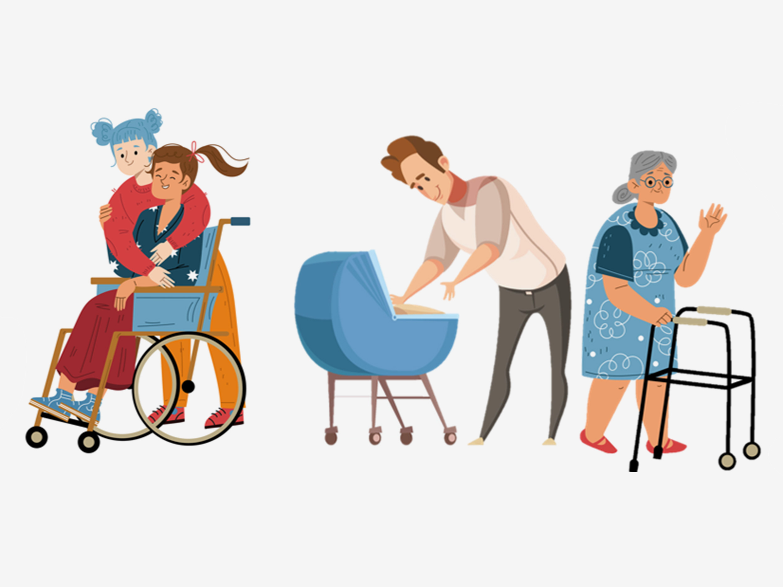 Zeichnungen von verschiedenen Aktionen zur Unterstützung von Menschen mit eingeschränkter Mobilität